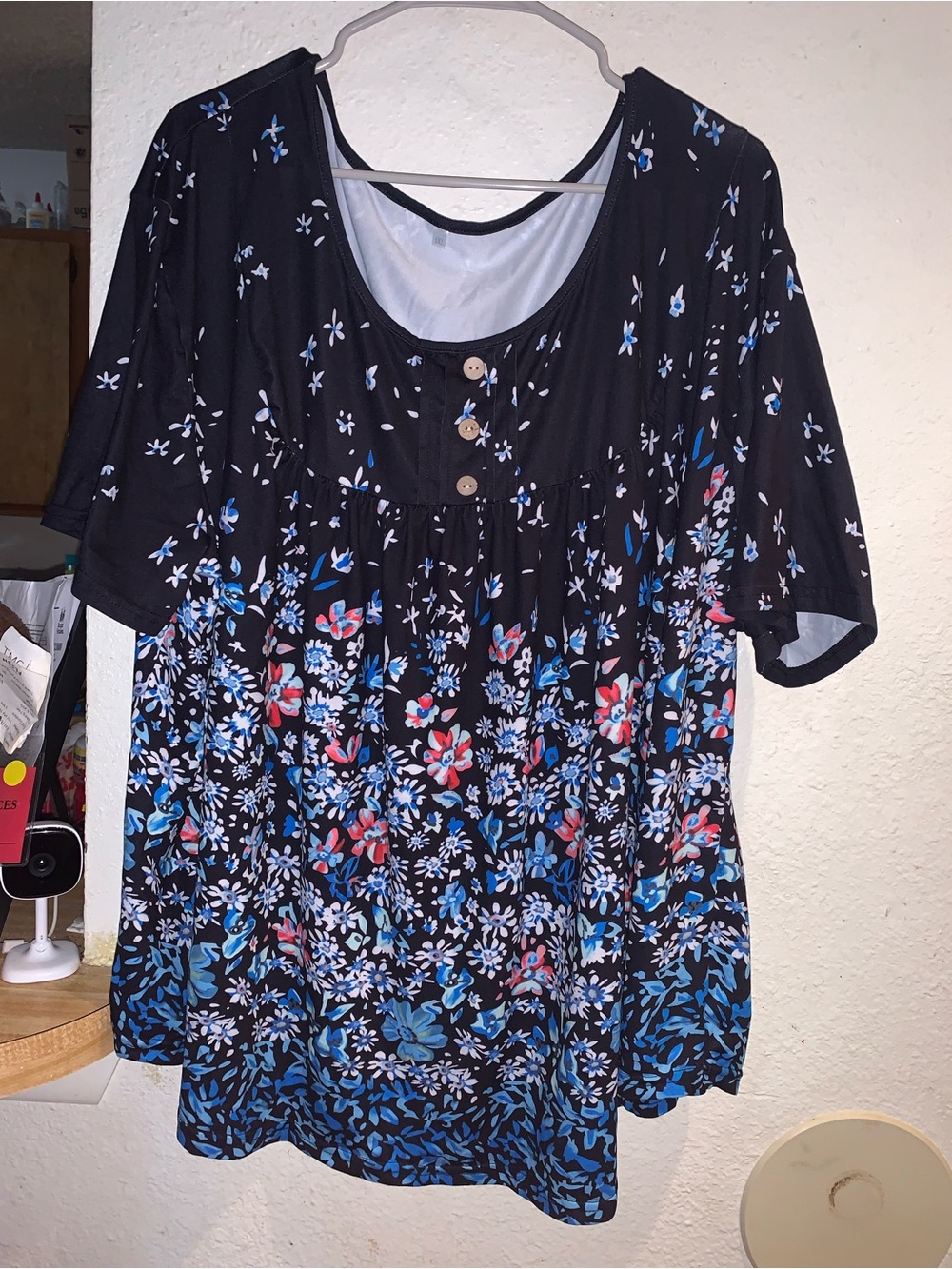 Women's Floral Scoop Neck Black Top with Blue & Pink Accents